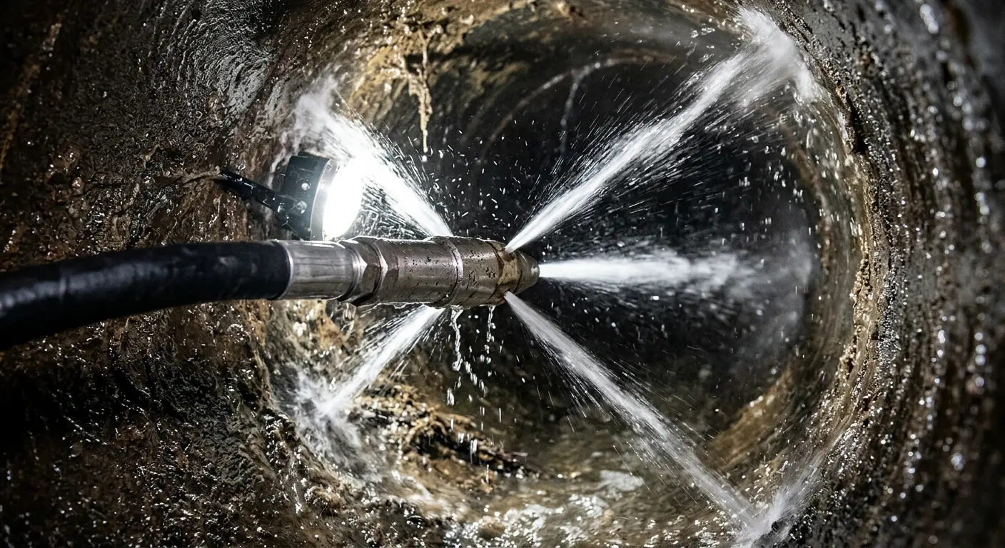 High-pressure hydro jetting nozzle cleaning sewer pipe for Sewer Cleanout in Evergreen