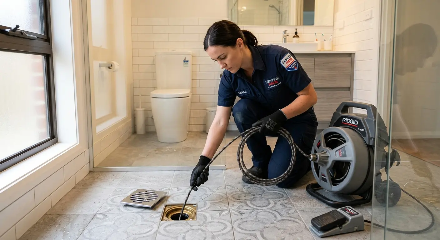Technician clearing a bathroom floor drain for Drain Repair in Evergreen
